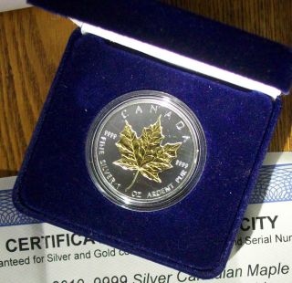 2010 Canadian 1 Oz Silver Maple Leaf Gilded In 24k Gold; With Case And photo