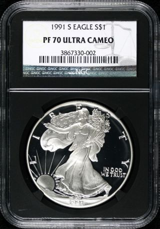1991 - S Silver Eagle $1 Ngc Pf70 Ultra Cameo Proof Black Retro Slab photo