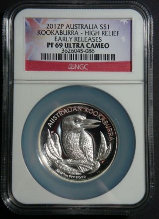 2012 - 1 Oz Australia Kookaburra - Early Releases High Relief Ngc Pf69 Silver Coin photo