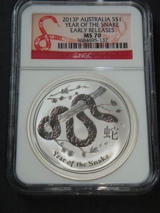 2013 - 1 Oz Year Of The Snake Ms70 Ngc Early Releases Perth Silver Coin photo