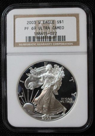 2003 W Ngc Pf69 Proof American Silver Eagle 1 Oz.  999 Pure Silver Coin S/h photo