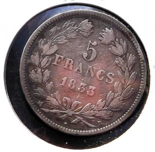 . 900 Silver 1833b France 5 Francs Louis Phillippe I.  7234 Oz Asw Km 749.  2 photo