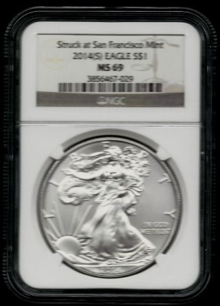 2014 (s) American Silver Eagle - Ngc Ms 69 - Bu 1 Oz.  999 Fine Silver - Gold Labe photo