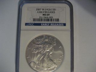 2007 W American Silver Eagle.  999 Silver Early Release Blue Label Ms69 Sweet photo