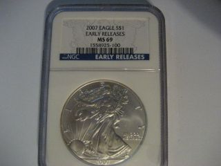 2007 American Silver Eagle.  999 Silver Early Release Blue Label Ms69 Sweet photo