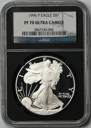 1996 - P Silver Eagle Pf 70 Ultra Cameo $1 Ngc Black Retro Slab photo