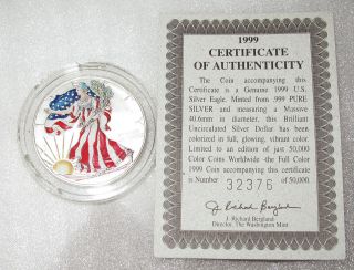 1999 Usa Silver Eagle Walking Liberty $1 Dollar Full Color 1 Oz -.  999 Pure photo