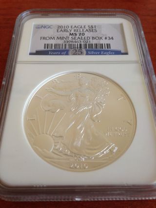 2010 Silver American Eagle Early Release Ngc Ms70 Box 34 photo