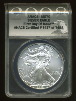 2008 $1 U.  S.  Silver American Eagle Coin +++anacs Slabbed Ms - 70+++ photo