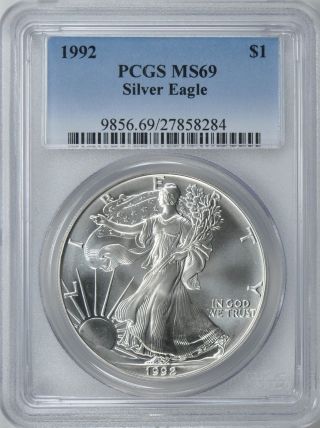 1992 One Oz Silver Eagle Pcgs Ms 69 Near Perfect Coin photo