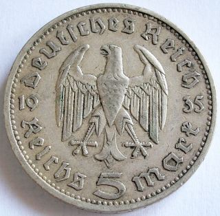 1935 Germany Third Reich Silver 5 Reichsmark Coin Paul Von Hindenburg photo