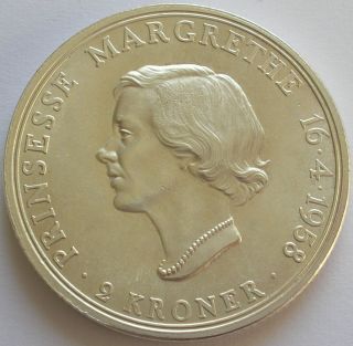 1958 Kingdom Of Denmark Silver 2 Kroner Coin Princess Margrethe 18th Birthday photo