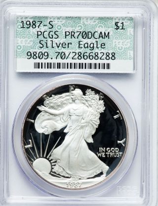 1987 - S $1 1 Oz.  Silver Proof American Silver Eagle.  Doily Slab Pr70 Dcam photo
