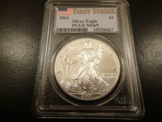 2001 Pcgs Ms69 First Strike Silver Eagle - Stain Spots photo