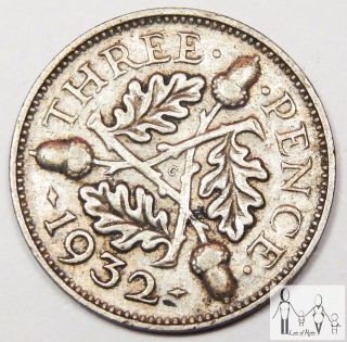 1932 Great Britain Fine 3 Three Pence 50% Silver.  0227 Asw D3 photo