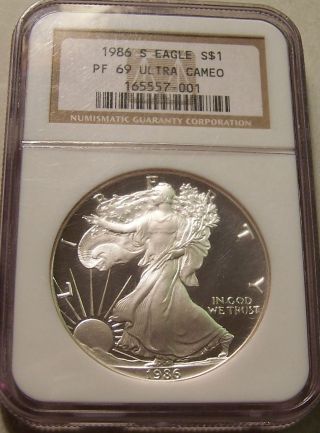 1986 - S Pf69 Silver Eagle Ngc Ultra Cameo One Troy Ounce photo