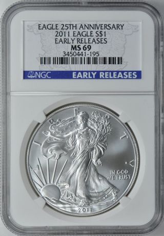 2011 One Oz Silver Dollar American Eagle Ngc Ms 69 Early Release Near Perfect photo
