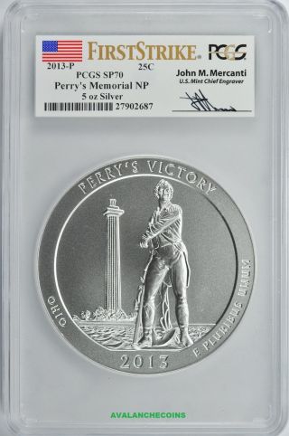 2013 - P Perry ' S Memorial America The 5oz.  Silver Sp70 Pcgs First Strike photo