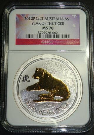 2010 - 1 Oz Australia Year Of The Tiger Gilt Ngc Ms 70 Perth Bu Silver Coin photo