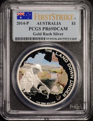 2014 The Land Down Under Gold Rush 1 Oz Silver Proof Australia $1 Pcgs Pr69 Dcam photo