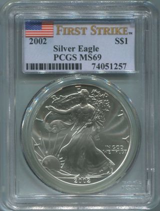 2002 American Silver Eagle $1 - Pcgs Ms 69 - First Strike - Gem Unc - Nr photo