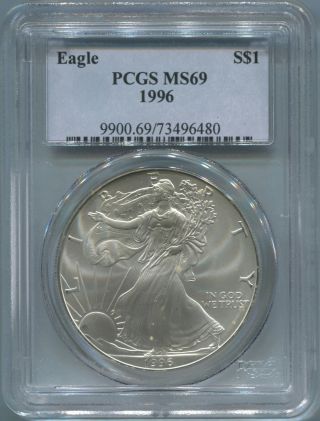 1996 American Silver Eagle $1 - Pcgs Ms 69 - Gem Unc - Coin - Nr photo