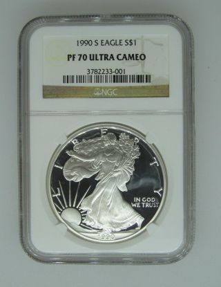 1990 S $1 Ngc Pf70 Ucameo (proof Silver Eagle) - Pf70 Rare.  999 Silver Bullion photo