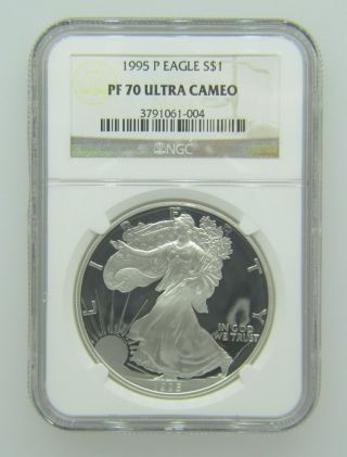 1995 - P $1 Ngc Pf70 Ucameo (proof Silver Eagle) - Pf70 Rare.  999 1oz Bullion photo