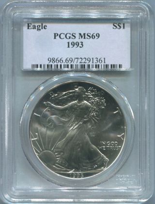 1993 American Silver Eagle $1 - Pcgs Ms 69 - Attractive Gem Unc - Nr photo