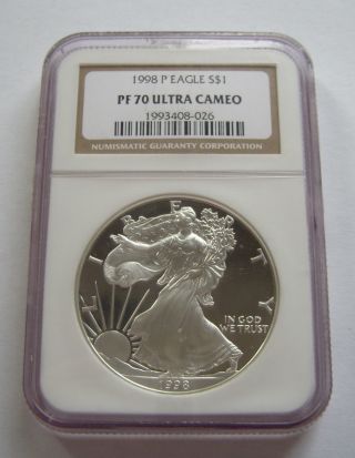 1998 - P $1 Ngc Pf70 Ucameo (proof Silver Eagle) - Pf70 Rare.  999 1oz Bullion photo