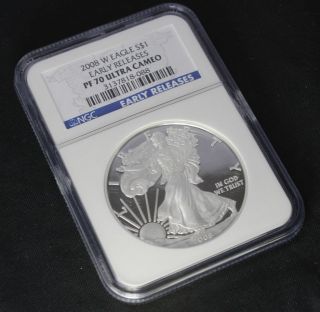 Stunning 2008 W Proof Silver Eagle Ngc Pf70 Ultra Cameo Blue Early Release Label photo
