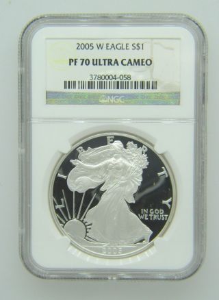 2005 - W $1 Ngc Pf70 Ucameo (proof Silver Eagle) - Pf70 Rare.  999 1oz Bullion photo