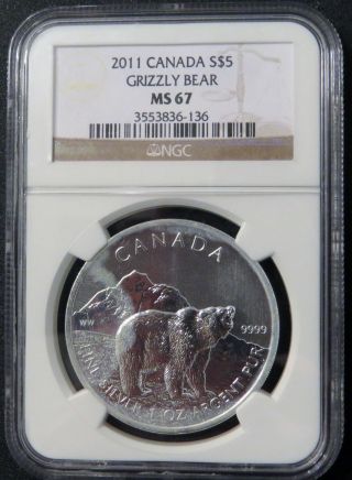 2011 1 Oz Silver Canadian Wildlife Series - Grizzly Ms - 67 Ngc photo