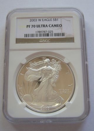 2003 - W $1 Ngc Pf70 Ucam (proof Silver Eagle) - Pf70 Rare.  999 1oz Bullion photo