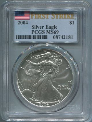 2004 American Silver Eagle $1 - Pcgs Ms 69 - First Strike - Gem Unc - Nr photo