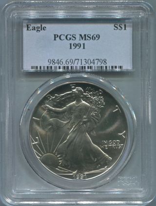 1991 American Silver Eagle $1 - Pcgs Ms 69 - Gem Unc - photo