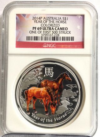2014p Australia 1 Oz Silver Lunar Year Of Horse - Colorized - Ngc Pf69 Ultra Cameo photo