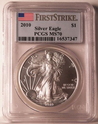 2010 Silver American Eagle Ms70 Pcgs Flag Label First Srike (wow No Garbage Here photo