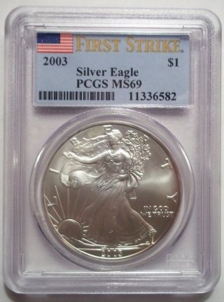 2003 Silver Eagle Dollar $1 Pcgs Ms69 First Strike Label Rare photo