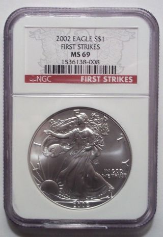 2002 Silver Eagle Dollar Ngc Ms69 First Strikes Rare Red Label photo