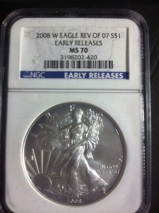 2008 - W Burnished Silver Eagle W/ 2007 Reverse Ngc Ms70 Early Release Very Rare photo