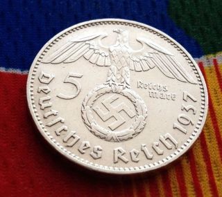 Extra Rare 1937 J Ww2 5 Mark 90% Silver German Third Reichsmark Coin photo