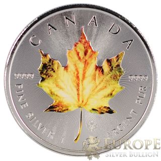2014 Canada Maple Leaf 1 Oz 9999 Silver Coin Yellow Colorized Maple Leaf Rare photo