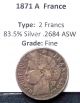 835 Silver 1871 France 2 Franc Laureate Head Km 817 Fine.  2684 Oz Asw Europe photo 2