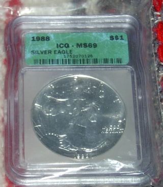 Uncirculated 1988 $1 Silver Eagle Coin Graded Icg Ms69 1 Ounce Silver 1oz photo