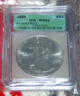 Uncirculated 1990 $1 Silver Eagle Coin Graded Icg Ms69 1 Ounce Silver 1oz photo