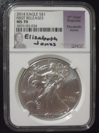 2014 $1 Silver Eagle First Release Ms - 70 Elizabeth Jones Signed photo