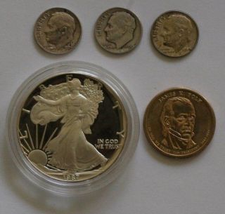 1987 Liberty 1 Oz.  Fine Silver Dollar U.  S.  A.  W/ Case,  James K.  Polk Dollar Dimes photo