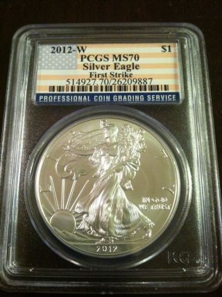 2012 W Silver Eagle Burnished Pcgs Ms70 First Strike Flag Label Perfect photo