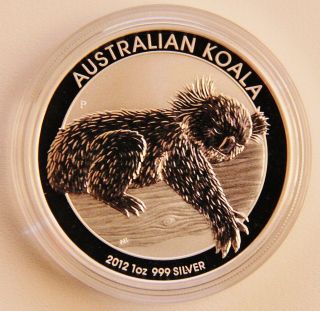 2012 99.  9% 1 Oz 99.  9% Pure Silver Australian Koala - Proof Like W/ Cap photo